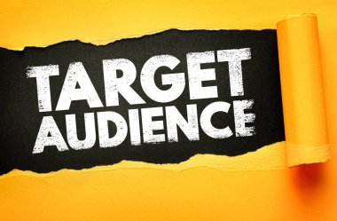 Yırtık kağıtlarla gösterilen TARGet AUDIENCE pazarlama konsepti. Niş hedefleme, müşteri grafikleri ve reklam stratejisi için görsel temas. İş planlama ve ulaşım analiz aracı