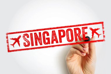 Singapur seyahat konsepti. El yazısı ve kırmızı pul. Üzerinde uçak simgeleri ve ülke ismi var. Web sitesi veya blog için turizm, uçuş ve tatil beldesi geçmişi.