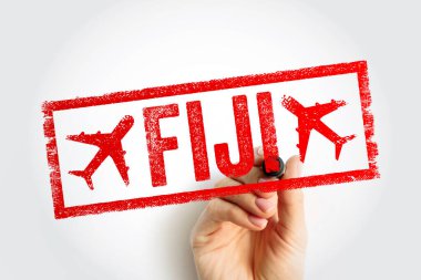 FIJI seyahat notu ve el yazısı. Pasifik adası turizmi için tropik cennet konsepti, dünya turistleri için egzotik plaj planlaması ve uluslararası havacılık seyahatleri.