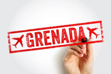 GRENADA kırmızı pullu ve elinde uçak simgeleri olan bir metin. Karayip seyahati, ada turizmi ve baharat adası tatili kavramı. Havayolları ve seyahat planlamacıları için profesyonel imaj