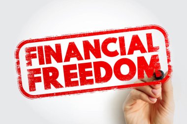 Mali Özgürlük metni desenli pul biçiminde gösterildi. Gelecekteki başarı için borçsuz yaşam, pasif gelir hedefleri, erken emeklilik, zenginlik bağımsızlığı ve mali istikrar sunar