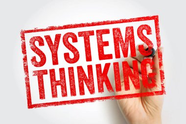SİSTEMS Kauçuk damga stili bir metin düşünme bir kalem ile bir el tutarak. Bütünsel analiz kavramı, organizasyonel yönetim ve iş dünyası için karmaşık problem çözme stratejileri