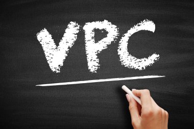 Tahtadaki VPC metni. Sanal Özel Bulut bilgisayarı. Güvenli veri kaynağı yönetimi ve sunucu hizmetleri için izole edilmiş bulut ağı segmenti