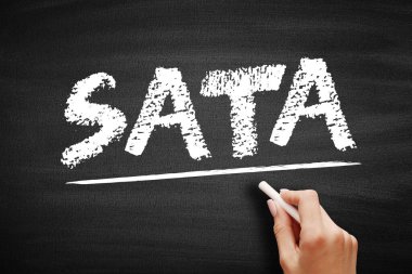 Tahtadaki SATA metni. Seri Gelişmiş Teknoloji Eklentisi kısaltması, ana otobüs adaptörlerini kitle depolama aygıtlarına bağlayan bilgisayar bus arayüzü anlamına geliyor. El yazımı donanım sürücüsü bağlantısı kavramı