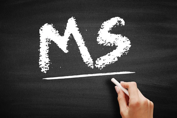 Bilim Ustası 'nın kısaltması tahtaya tebeşirle yazılmış. El tebeşirle altı çizili harfleri tutar. Yüksek lisans derecesi ve ileri düzey araştırma derecesi kavramı