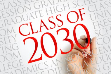 Eğitim temalı arka plan üzerine 2030 Sınıfı. Kolej, akademisyenler ve diploma şartlarına karşı el işaretleri var. Genç öğrenciler için vizyoner mezuniyet yılı