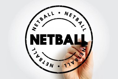 Pul üzerindeki NETBALL metni işaretli elle çiziliyor. Spor, takım oyunu, fiziksel aktivite ve sporcular, okullar ve açık hava fitness eğitimi için spor yarışması konsepti