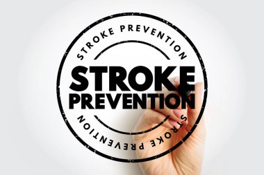 STROKE BÖLGESİ bir el tarafından tutulan yuvarlak bir pul içinde metin. Sağlık, tıbbi farkındalık, kalp sağlığı ve refah için hastalık önleme kavramı