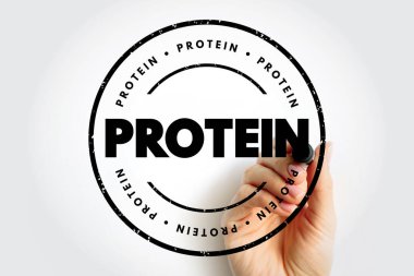 Protein metni damgası ve el yazısı. Kas geliştirmeye, beslenme takviyelerine, sağlıklı beslenmeye, fitness hedeflerine ve sporcular için temel makro besinlere odaklanan besin konsepti.