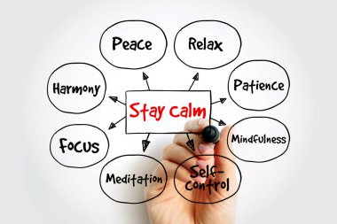 Sakin ol zihin haritası barış, rahatlama ve uyum gibi kavramları gösteriyor. El çizimi, stres yönetimi için farkındalık, odaklanma ve meditasyon odaklı bir zihinsel sağlık diyagramı