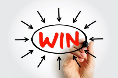 Beyaz tahta üzerine kırmızı kalemle yazılmış WIN, merkezi gösteren oklarla çevrelenmiş zafer, başarı ve bir iş, spor veya kişisel bağlamda olumlu başarı temsil ediyor