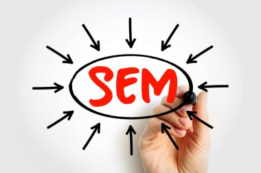 SEM, şeffaf bir tahtaya kırmızı kalemle yazılmış, siyah oklarla çevrili, el yapımı bir daireyi işaret ediyor. SEM, görünürlük için dijital pazarlama stratejisi olan Arama Motoru Pazarlaması anlamına geliyor