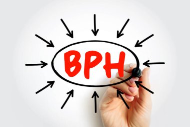 BPH Benign Prostatic Hyperplasia kısaltması. Elle çevrelenmiş tıbbi terim. Ürolog erkek sağlığı ve prostat bezi konsepti için oklu işaret kullanılıyor.