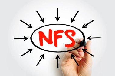 NFS, Ağ Dosya Sistemi anlamına geliyor. Elle tutulan işaret, veri depolama, ağ protokolleri, bilgi paylaşımı ve bilişim altyapı yönetimini temsil eden tahtadaki diyagrama işaret ediyor