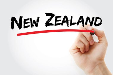 Yeni ZEALAND metni elle yazıldı ve altı çizildi. Pasifik Okyanusu 'nun güneybatısındaki bu ada ulusu adını Hollanda' nın Zeeland eyaletinden almıştır.