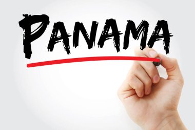 Panama metni erkek eliyle yazıldı. Cam levhadaki işaretleri kullanarak. Konsept seyahat planlaması, uluslararası ticaret, coğrafya eğitimi ve Orta Amerika turizm pazarlamasını temsil etmektedir.