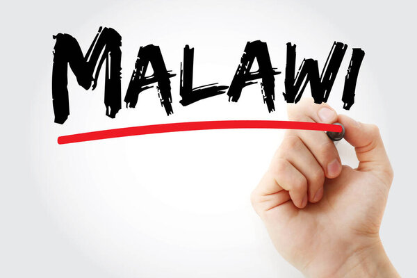 Malawi word written with a felt pen and underlined by a hand. A landlocked country in Southeastern Africa, it is celebrated for its diverse landscapes and its massive, beautiful lake