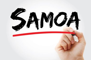 Samoa metni, elinde kalem olan bir el tarafından yazılmış. Güney Pasifik Okyanusu 'nun ortasındaki iki ana ada ve birkaç küçük adadan oluşan bir Polinezya ada ülkesini tanımlar.
