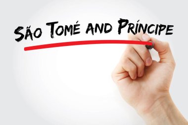 Sao Tome and Principe text written by a hand with a marker. This is an African island nation near the equator, part of a volcanic chain featuring striking rock and coral formations