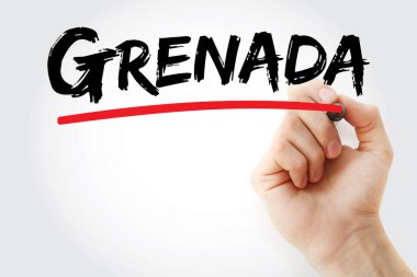 Grenada metni, Batı Hint Adaları 'nda Baharat Adası olarak bilinen bağımsız bir ada ulusunu gösteriyor. Keçeli kalemle bir el, bu Karayip ülkesini seyahat ve turizm planlaması için ön plana çıkarıyor