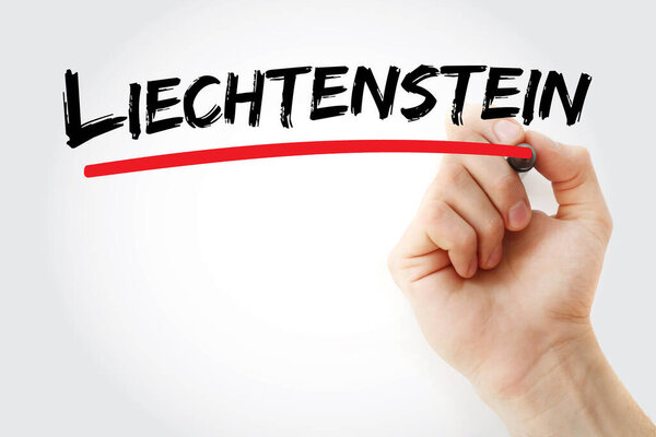 LIECHTENSTEIN text written by hand. This European microstate is a landlocked alpine country known for its medieval castles, mountain landscapes, and status as a prosperous financial hub