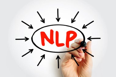 NLP Doğal Dil İşleme Kısaltma metni. İşaretli el dairesel diyagrama işaret ediyor. Veri analizi, iletişim ve yapay zeka yazılımı için iş teknolojisi kavramı