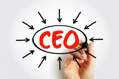 Yönetici Şefi İş Konsepti, şirket başarısı için liderlik, yürütme yönetimi ve stratejik karar verme mekanizmasını simgeleyen kısaltmayı çevreleyen bir eli gösteriyor.