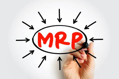 MRP, Malzeme Gereksinimleri Planlama, üretim süreçlerini yönetmek için kullanılan envanter yönetim sistemi, net sunum arka planında işaret kullanılarak elle yazıldı