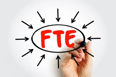 FTE tam zamanlı kısaltmaya eşittir. İş yükü ölçümü ve insan kaynakları planlaması kavramı. Organizasyonel kadro ve üretkenlik metrik görüntülemesinde profesyonel el işaretleyici.