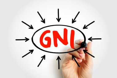 GNI Gross Ulusal Gelir kısaltması metni. Finansal konsept yazan el. Bir ülkenin sakinleri tarafından talep edilen toplam iç ve dış üretimi gösteren ekonomik ölçümler