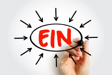 EIN kısaltması, İşveren Kimlik Numarası anlamına gelir. Beyaz bir arkaplanda kırmızı işaretle yazılmış ve merkezi daire içine alınmış metni gösteren siyah oklar var..