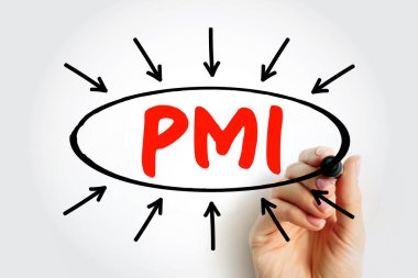 PMI, Satın Alma Yöneticileri Endeksi demek. El, oklarla metnin etrafına daire çizer. İş konsepti sunum, eğitim, pazarlama. Profesyonel analiz ve planlama.