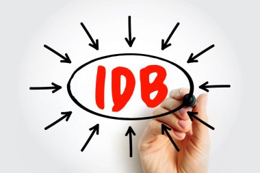 IDB, Amerika Kalkınma Bankası anlamına geliyor. El, oklarla metnin etrafına daire çizer. İş konsepti sunum, eğitim, pazarlama. Profesyonel analiz..