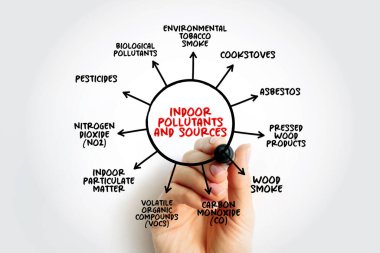 İçerideki Kirleticiler ve Kaynaklar çizelgesi tütün dumanı, asbest, karbon monoksit ve böcek ilacı içeriyor. Ev güvenliği ve hava kalitesi farkındalığı için çevresel sağlık rehberine el çizildi