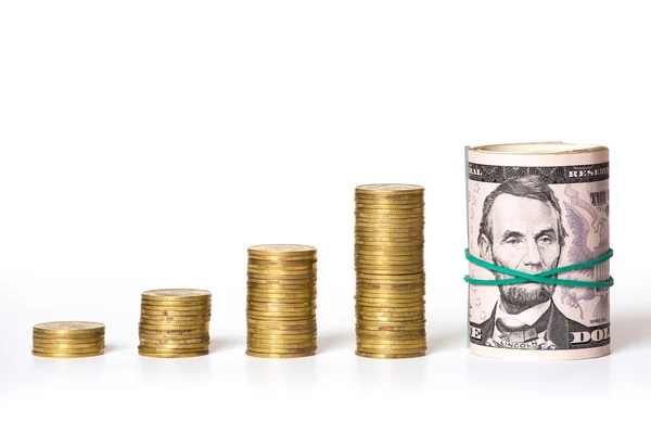 Coin columns and money with rubber band on mouth