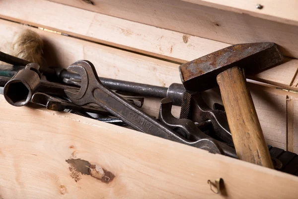 Old mechanic tools in wooden box — Stock Photo, Image