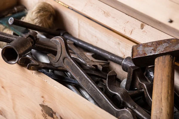 Old mechanic tools in wooden box