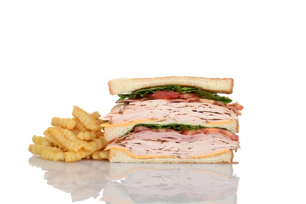 Sliced chicken club sandwich with french fries — Stock Photo, Image