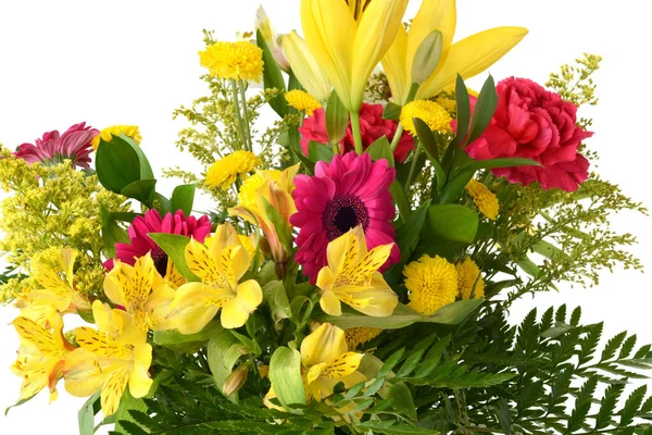 Nahaufnahme Blumenarrangement Aus Verschiedenen Blumen Und Farnen — Stockfoto