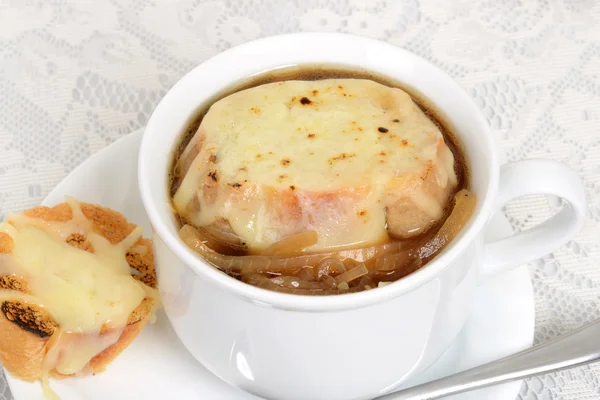Macro french onion soup with cheese bread — Stock Image Macro french onion soup with cheese bread Stock Photo