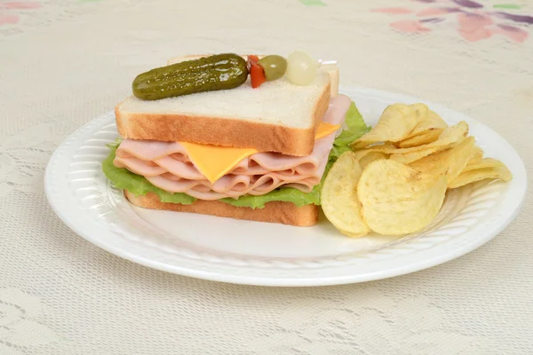Sandwich au poulet avec brochette de cornichons — Photo