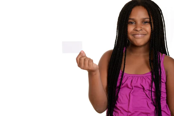 Girl holding blank card — Stock Photo, Image