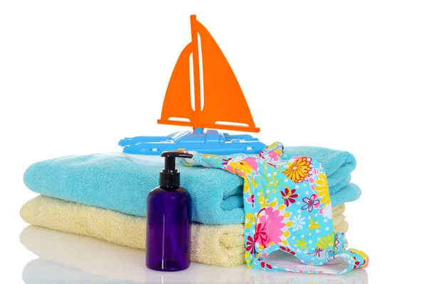 Child bathing suit towels toy ready for beach — Stock Photo, Image