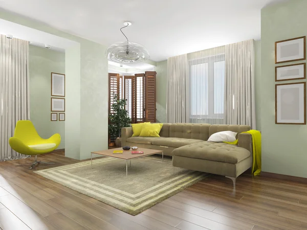 Inredning vardagsrum med gul fåtölj. — Stockfoto