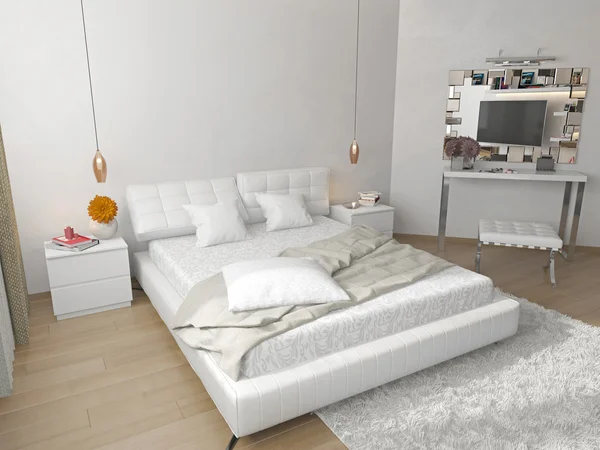 Schlafzimmer mit weißem Bett — Stockfoto