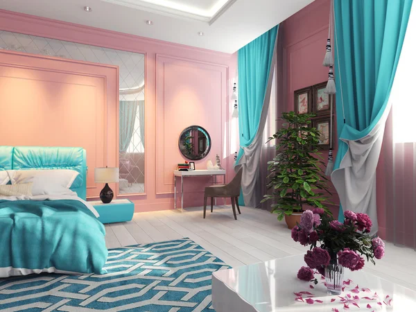 Dormitorio interior con cortinas turquesa Imagen de stock