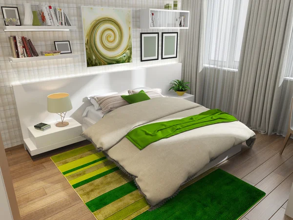 Dormitorio con alfombra verde — Foto de Stock