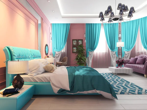 Bedroom with a bed and a sofa, pink curtains. Stock Picture