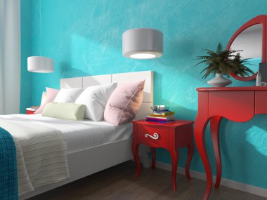 bedroom with turquoise walls and bedside tables clipart