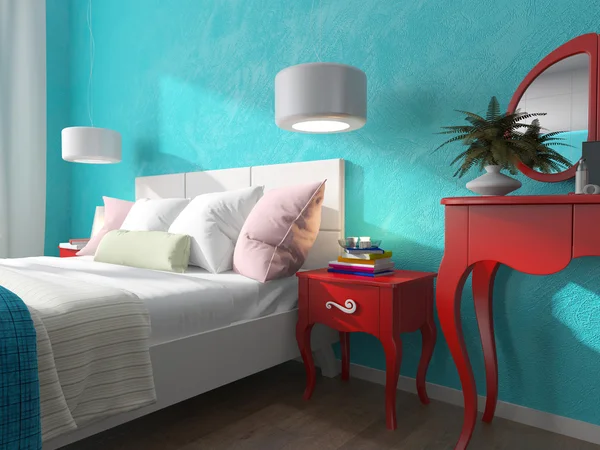 Bedroom with turquoise walls and bedside tables — Stock Photo, Image